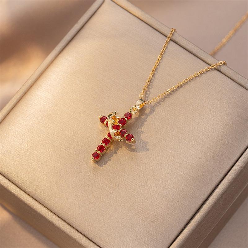 Stainless Steel Chain Copper Cross Pendant Necklace for Women Luxury Zircon Cross Rotatable Crown Necklace Jewelry Drop Shipping