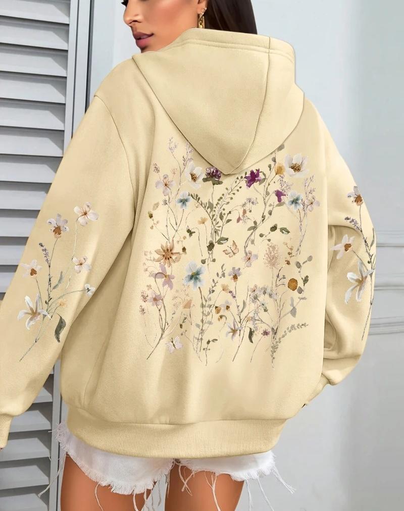 Damen Kapuzenpullover mit Blumen-Cluster-Print - Herbst Locker Lässig Fleece Pullover mit Taschen