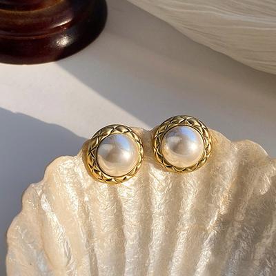 Vintage Geometric Metal Freshwater Pearl Stud Earrings For Women Fashion Jewelry Party Women'S Sweet Accessories