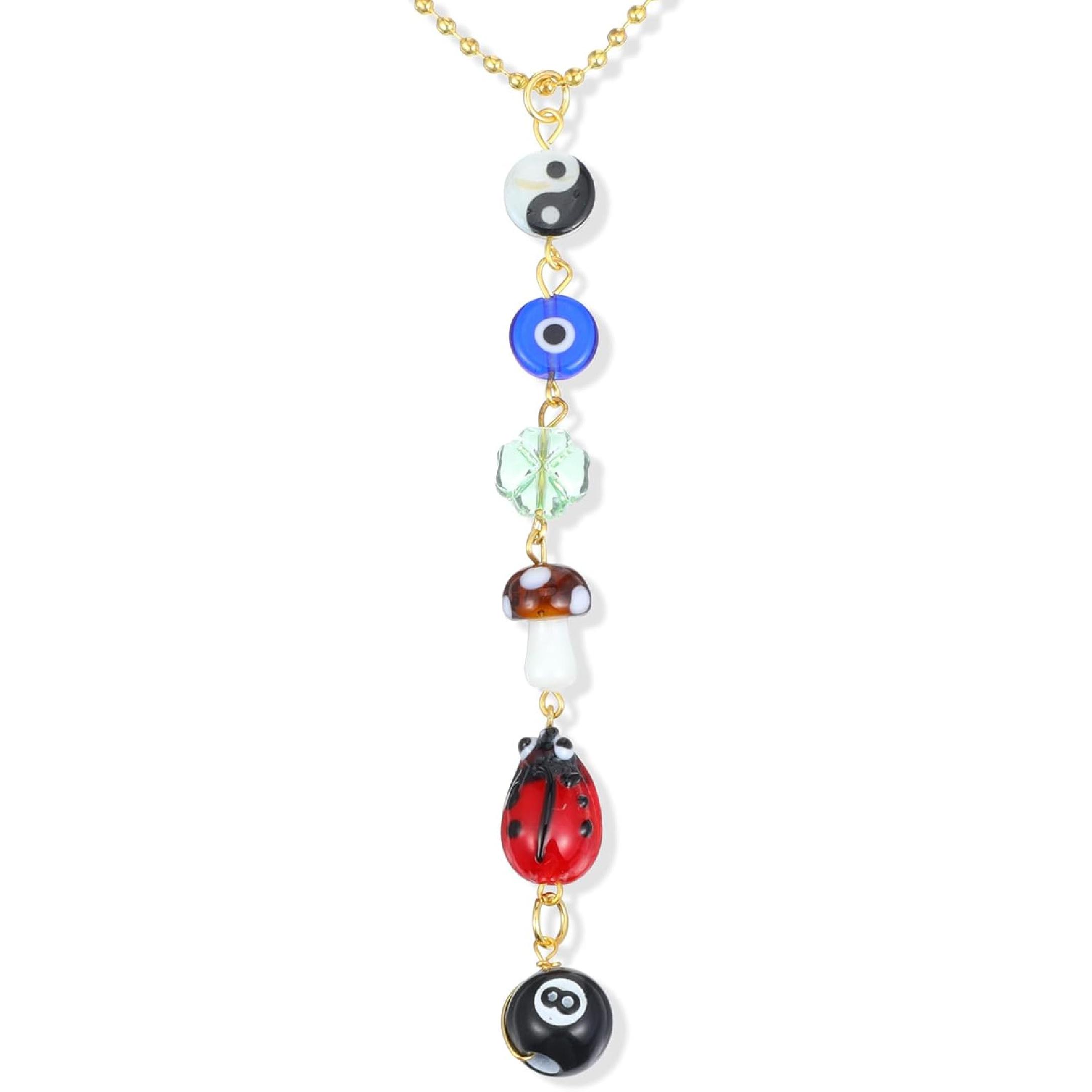 Evil Eye Car Hanging Ornament Rear View Mirror Accessories Good Lucky Cute Boho Car Charm with Ladybug, Four-Leaf Clover, 8 Ball, Mushroom, Yin Yang