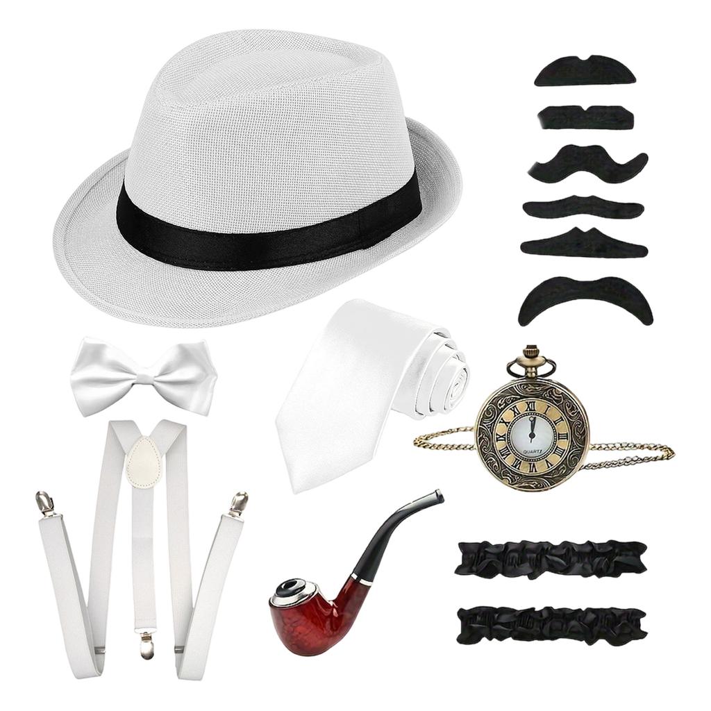1920s Vintage Men Accessories Set Fedora Hat Suspenders Bow Tie Pocket Watch Smoking Pipe Mustache Stickers for Party Costume