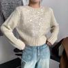 Sequined Knitted Sweater Top Women's Autumn and Winter New Lazy Wind Pullover Round Neck Heavy Industry Super Good-looking Short Sweater