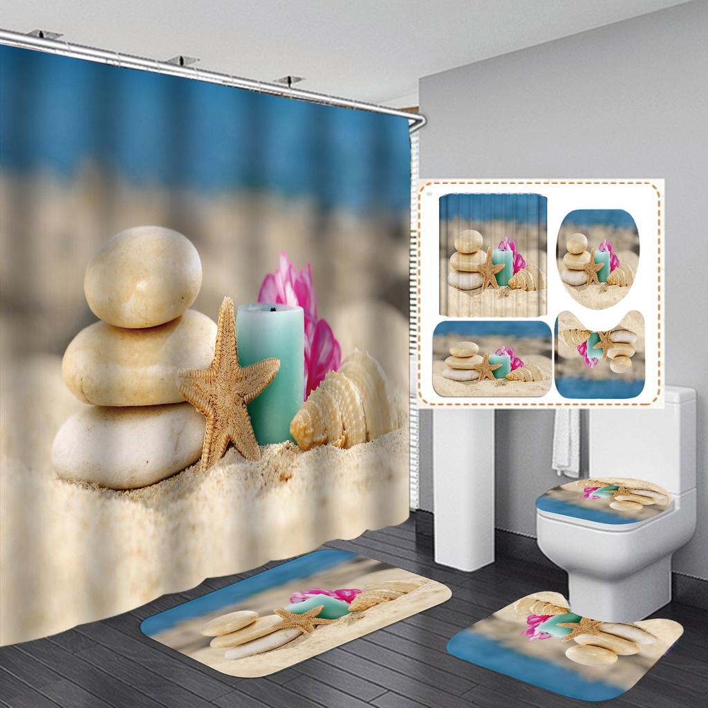 4ks Beach Starfish Series Sady sprchových závěsů do koupelny Protiskluzové Koupelnové koberečky Víko WC Kryt Koupelnová předložka