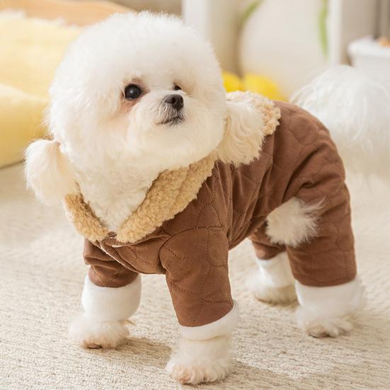 jijijing Quilted Dog Jumpsuit, Cozy Pet Four-Legged Outfit, Hoodie with Cute Plush Ears, Warm Onesie Clothes for Small Dogs Winter Wear