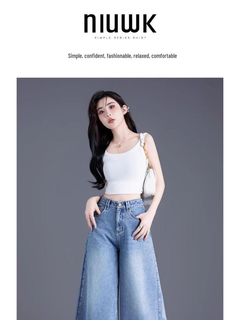Women's Light Wash Wide-Leg Denim Pants - Spring/Summer 2026, Nine-Tenths Length, Loose Fit