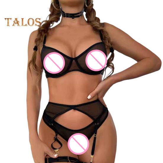 3 Pcs/Set Bra Thong Set with Garter Adjustable Straps See-through Mesh Thin Elastic High Waist Panties Wedding Night Honeymoon Valentines Day