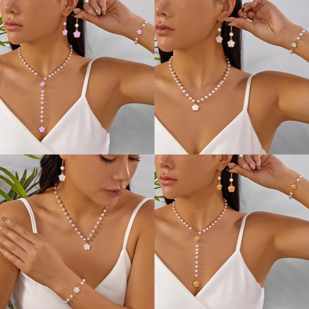 Geometric Flower Shape Jewelry Set With Pearl Pendant For Women Fashion Accessories