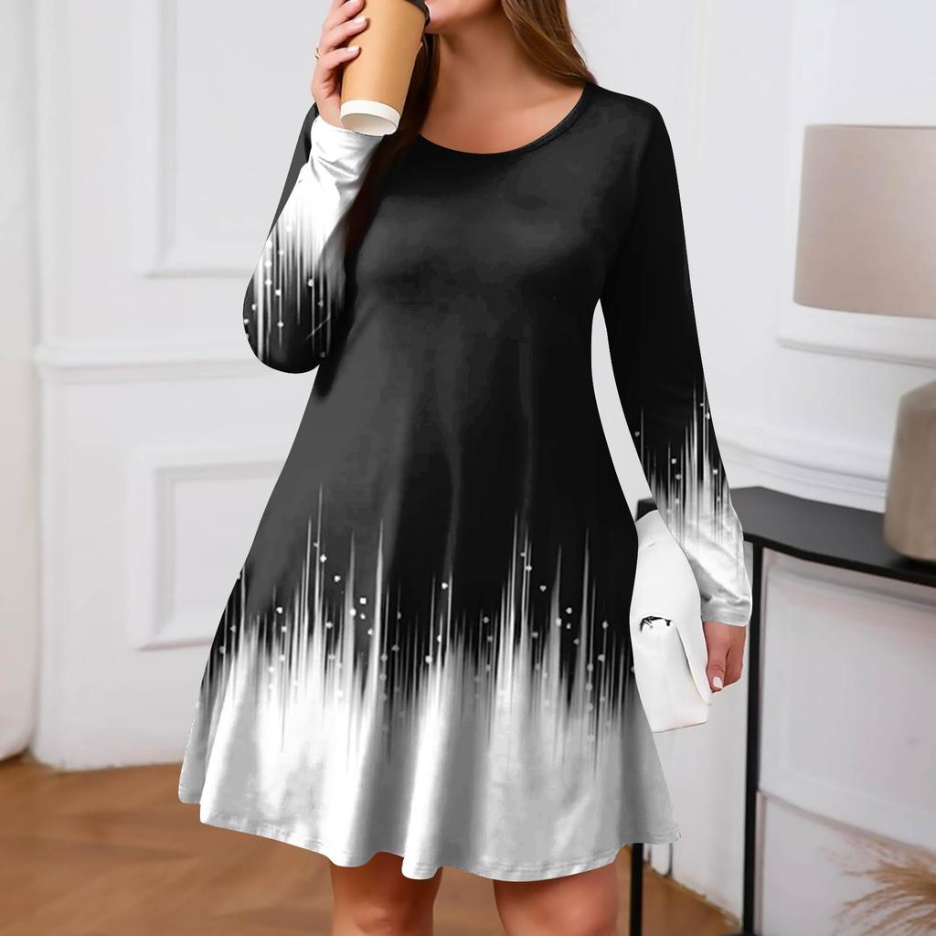 Plus Size Women's Gradient Print Casual Spring/Autumn Pocket Round Neck Long Sleeve Dress