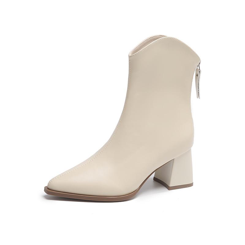 Зимние женские короткие сапоги плюшевые с острым носком на высоком каблуке белые женские — фото 7