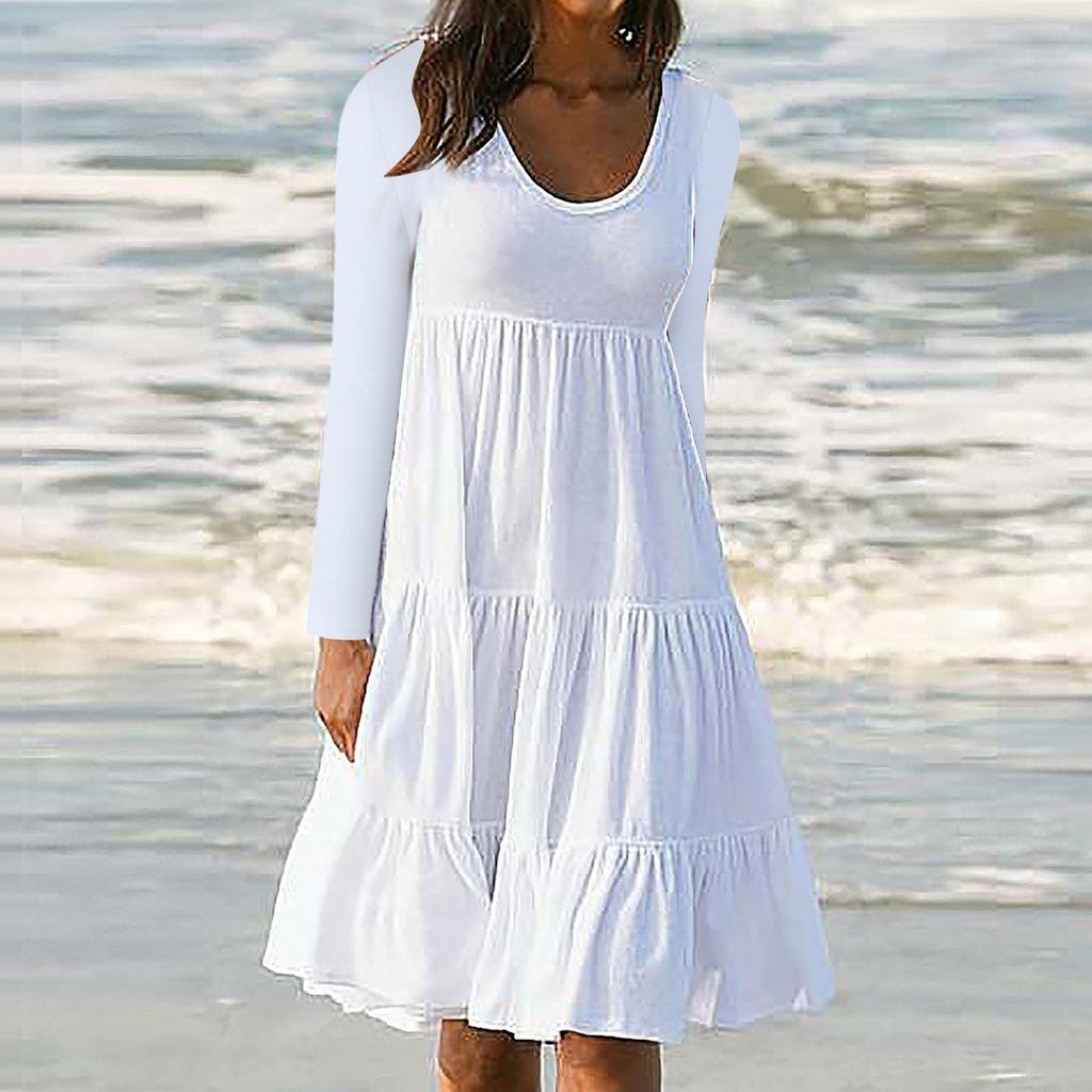 Women's Fashion Long Sleeve Round Neck Color Big Swing Beach Dress