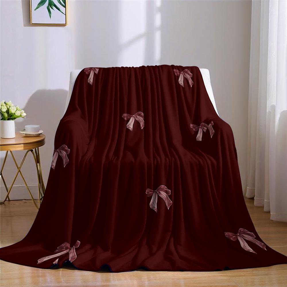 Burgundy Bow Flannel Blanket Warm Soft Halloween Christmas Couch Warm Cozy Decorative Decor Gift for All Season