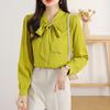 Women Chiffon Blouse Long Sleeve V‑Neck Bow Ribbon Shirt Elegant Fashion Office Lady Spring Tops
