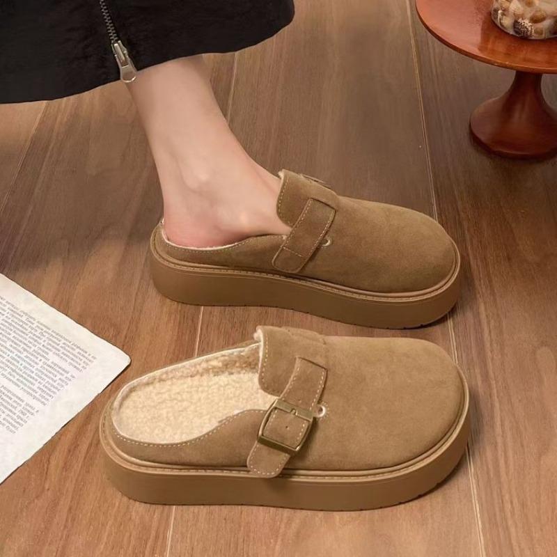 New Women's Thick-soled Retro Shoes, Wool Shoes, Cotton Slippers with Fleece Toe Caps, Half Slippers
