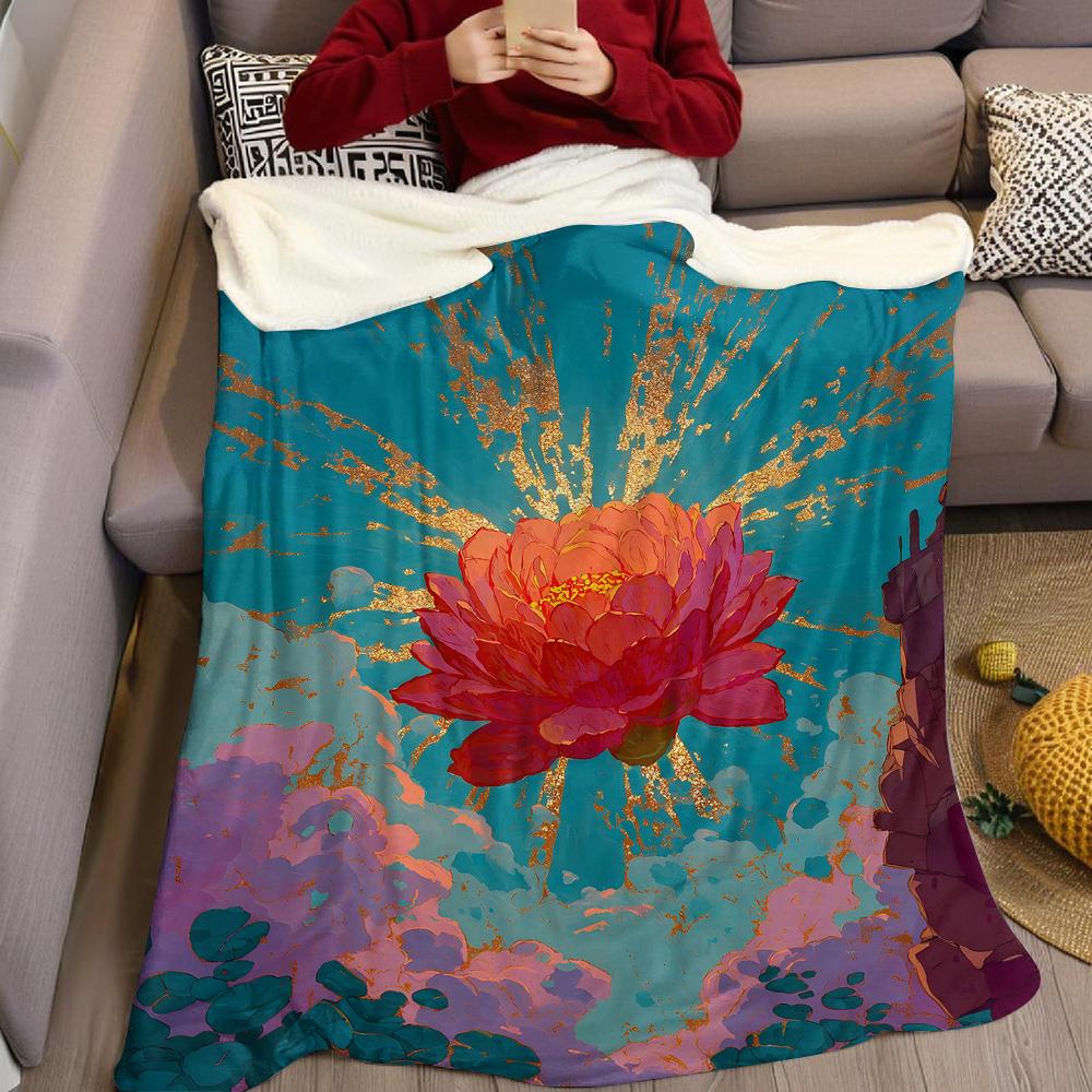 Golden Lotus Burst Flannel Blanket Warm Soft Halloween Christmas Couch Warm Cozy Decorative Decor Gift for All Season