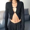 2022 Spring Summer New Solid Color High Waist T-shirt Woman Clothes Women Long SleeveT-shirt Knitted Cut Out Skinny Top Sexy