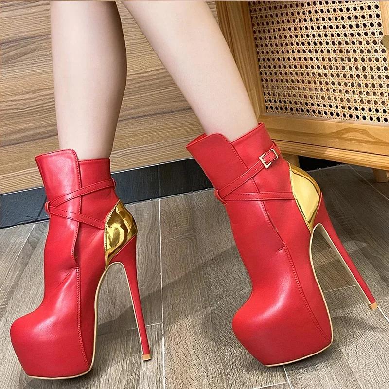 European and American 16CM High-heeled Waterproof Platform Belt Buckle Short Boots Classic Color Black and Red