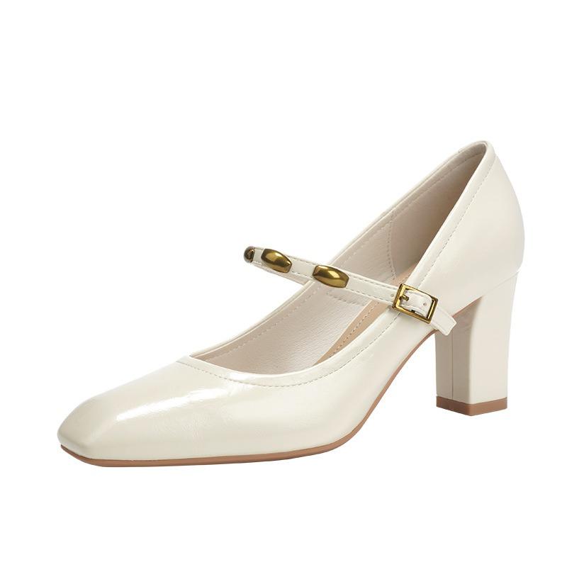 High heels women's square head thick heel commuting single shoes simple and versatile one-word belt beautiful single shoes