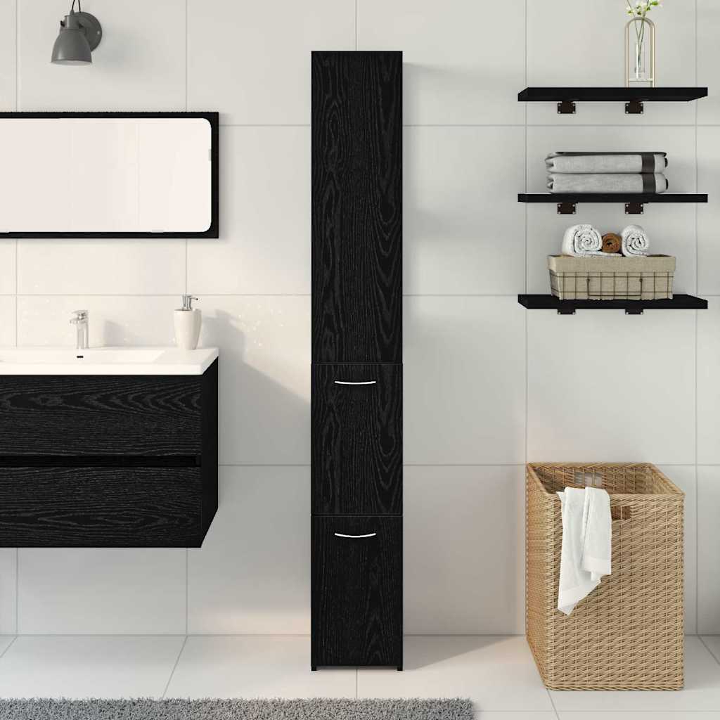 Bathroom Cabinet with Door Black Oak Effect 25 x 25 x 170 cm
