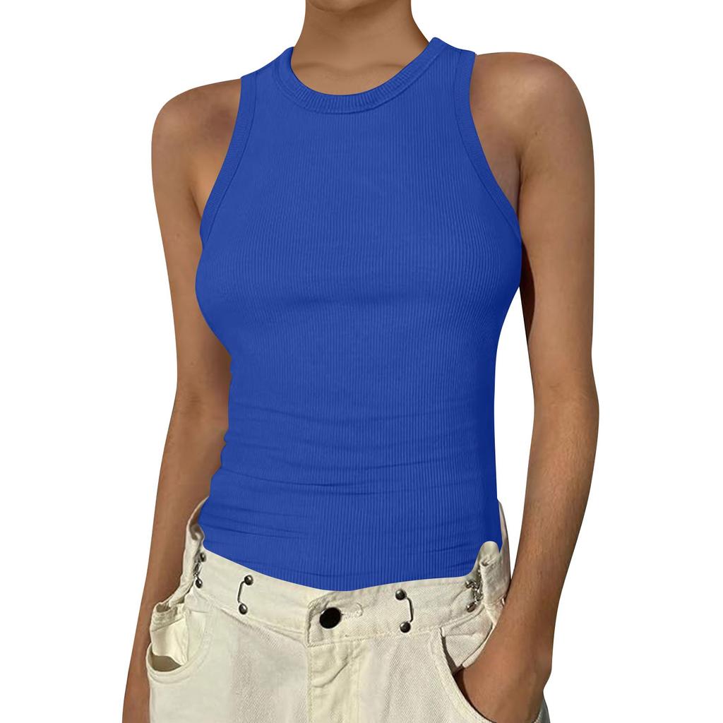 Women's Summer Fashion Casual Color Round Neck Sleeveless Top Tight Tank Top