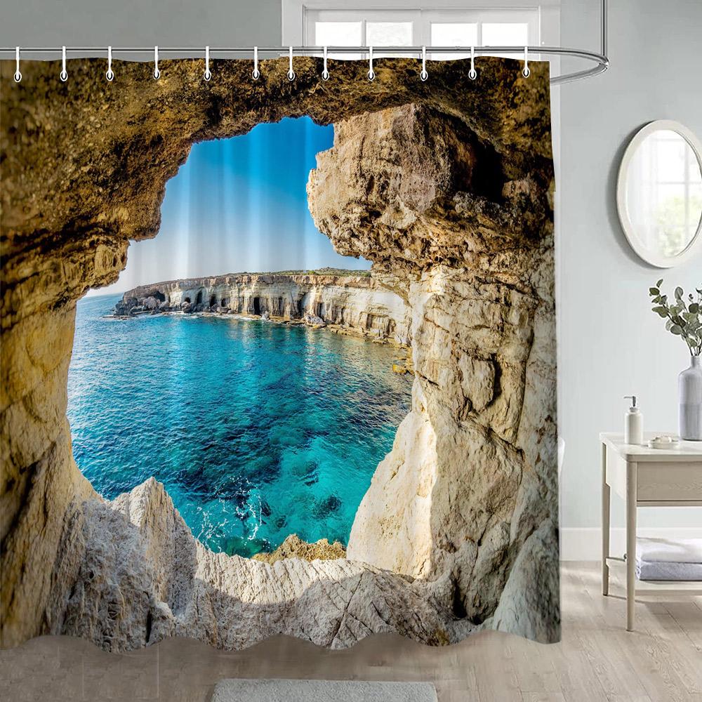 Chinese Style Garden Shower Curtains Green Bamboo Plants Arches Moon Door After Rain Landscape Polyester Bathroom Curtain Decor