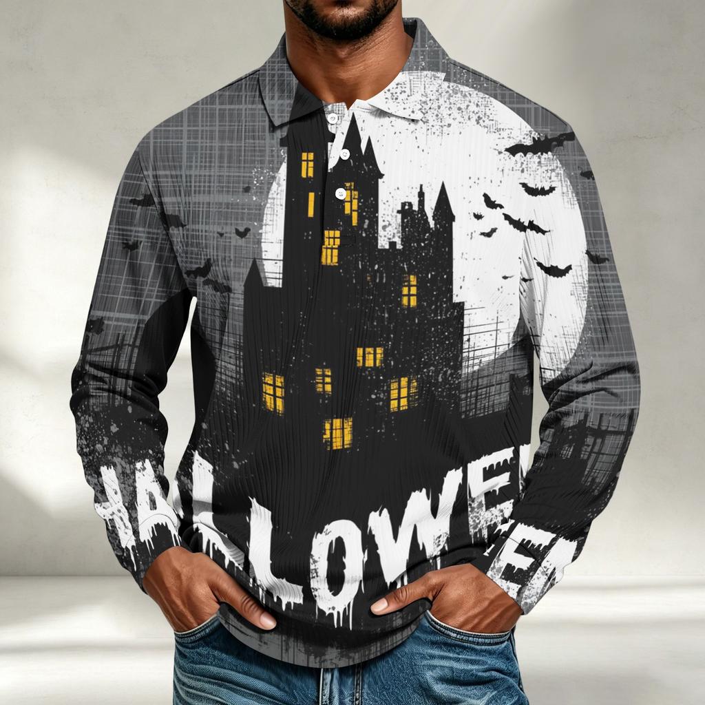 Men's Casual Loose Fit Long Sleeve Shirt with Halloween Print