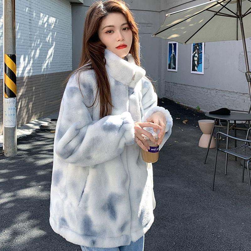 New Lamb Plush Imitation Leather Jacket Women's Tide Autumn and Winter Loose Furry Stand-up Collar Sweater