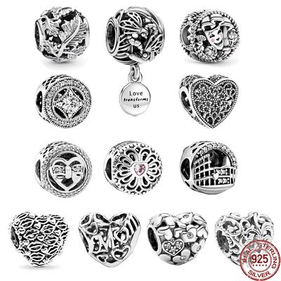 Originální 925 mincovní stříbro prolamované květy růží & máma Script Heart Charm korálek Fit Fasion náramek Diy šperky dárek pro ženy