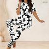 Women Plus Size Black White Printed Round Neck Short Sleeve Top And Long Pants Two Piece Set