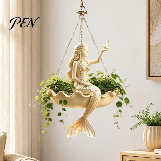 Decorative Succulents Holder for Balcony Ballet Dancer & Mermaid Hanging Planter, Resin Shell-Shaped Flower Pot with Metal Chains, Stylish Decor Patio