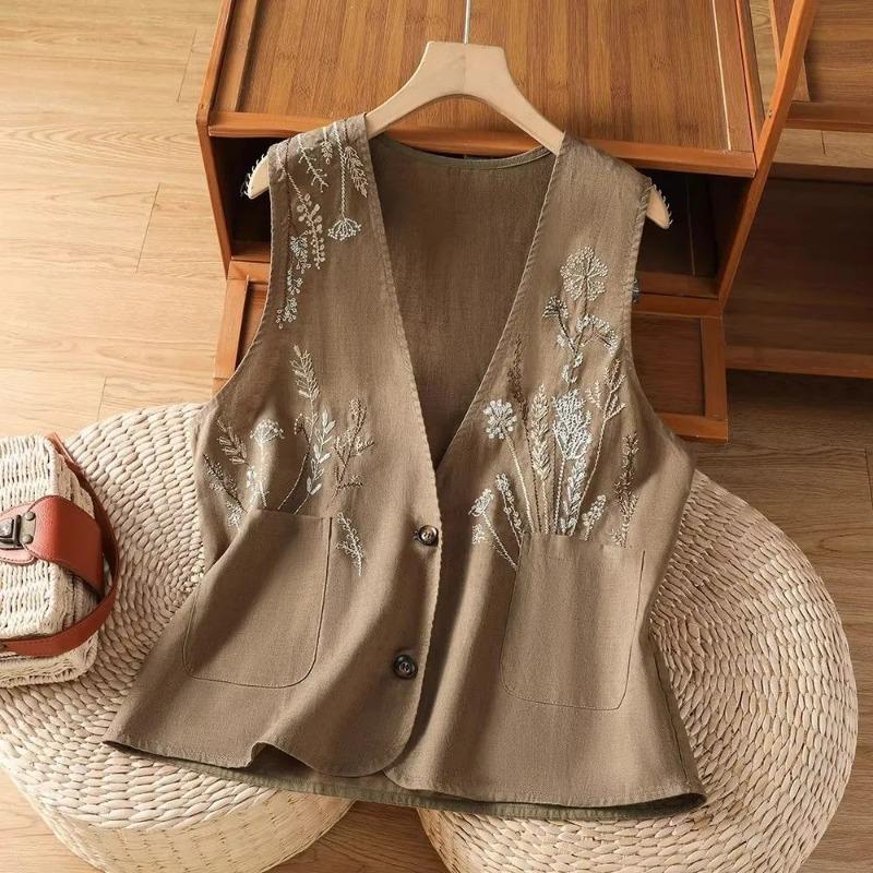 Women Linen Blend Vest Floral Embroidered Sleeveless V Neck Button Waistcoat With Pockets M хаки