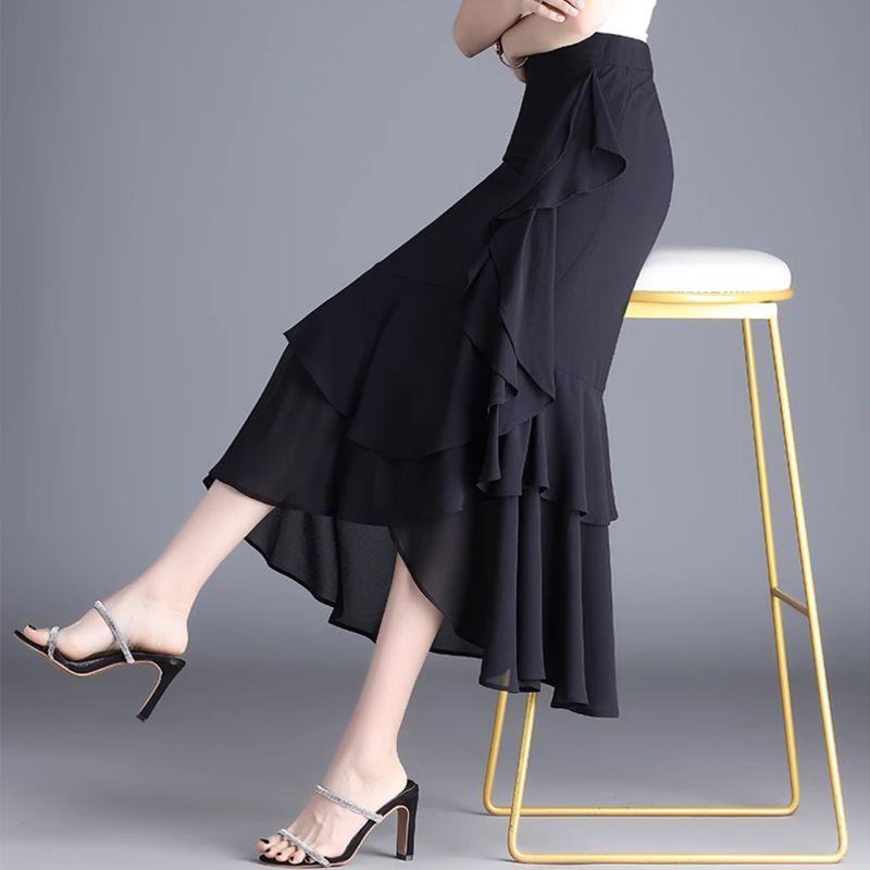 Women's Chiffon Half Length Skirt Fishtail Skirt Summer Medium Long Style Lotus Leaf Edge High Waist Irregular