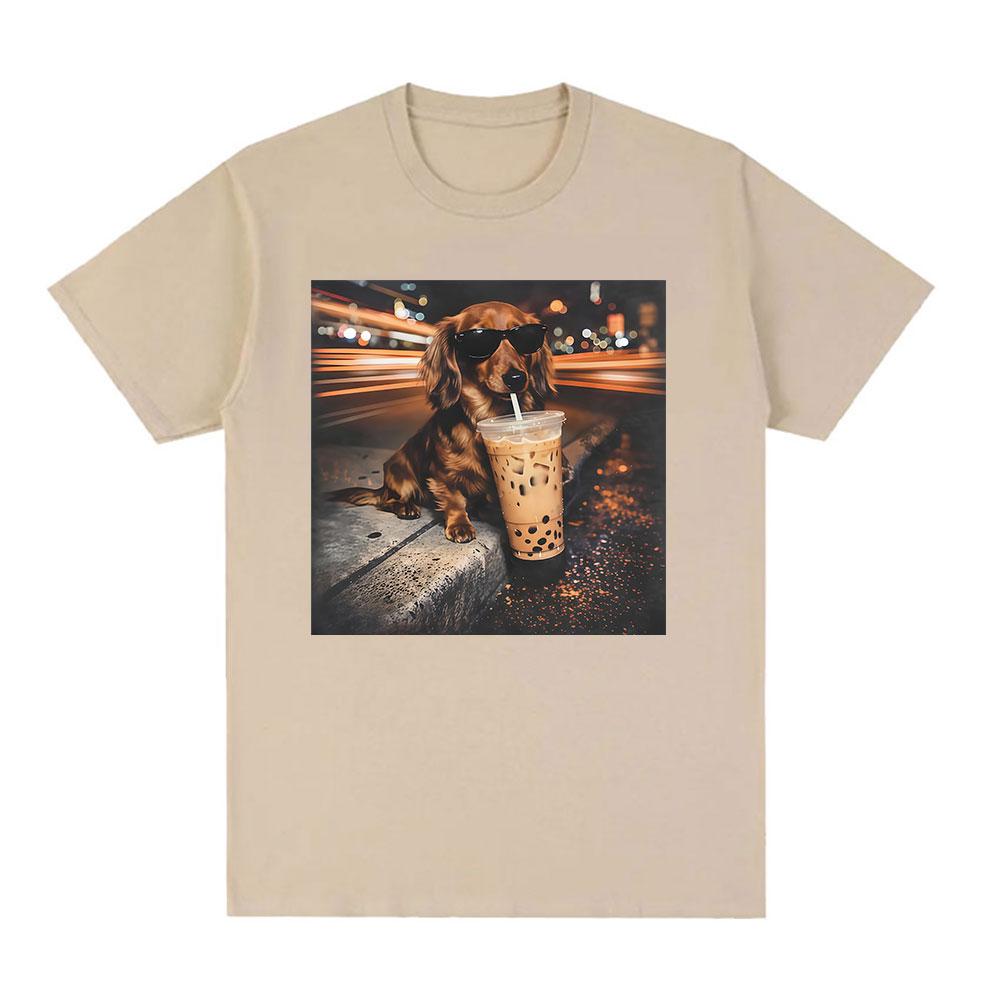 Lustiges Dackel trinkt Eiskaffee Meme T-Shirt Unisex Cooles Mode Retro Kurzarm T-Shirts 100% Baumwolle T-Shirt Streetwear