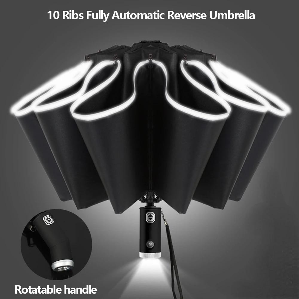 W pełni automatyczny składany parasol z latarką LED 10 żeber Wiatroszczelny pasek odblaskowy Parasole UV na słońce lub deszcz