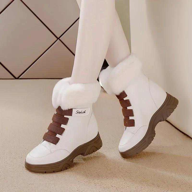 Fashion 7cm Animal Fur Genuine Leather Cushioned Platform Wedge Winter Plush Fur Spring Women Warm Durable Ankle Boots Autumn Hook Shoes