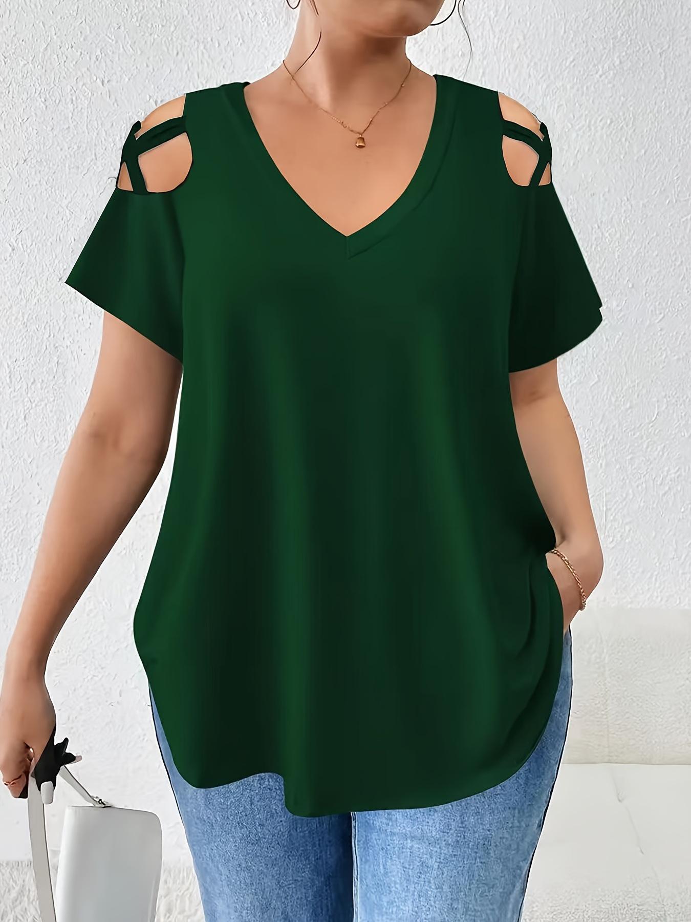

Summer 2026 Plus Size V-neck Solid Color Loose T-shirt for Women L зелений
