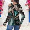 Women Plus Size Asymmetric Cutout Neck Cold Shoulder Long Sleeve Black Gold Printed Fitted Top