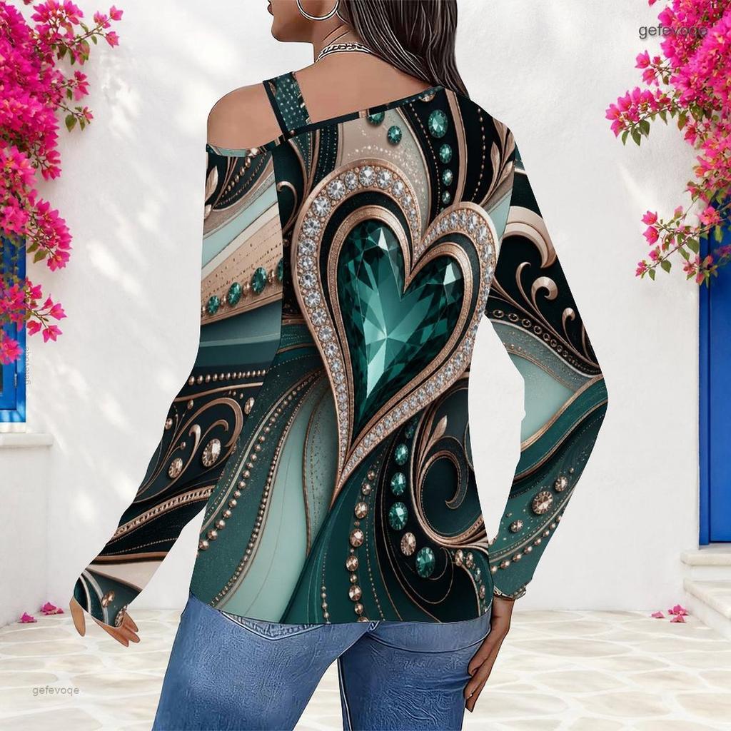 Women Plus Size Asymmetric Cutout Neck Cold Shoulder Long Sleeve Black Gold Printed Fitted Top