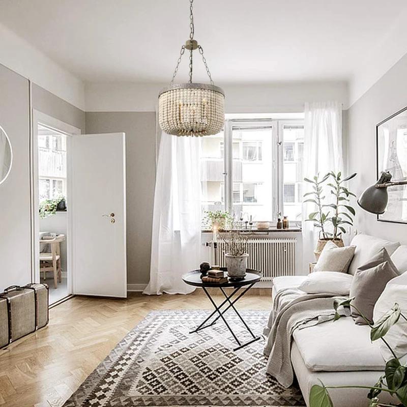 Modern Loft Retro Chandelier E27 Blue Wooden Bead Chandelier Boho Style Decor Light Living Room Bedroom Hotel Kitchen Lamp