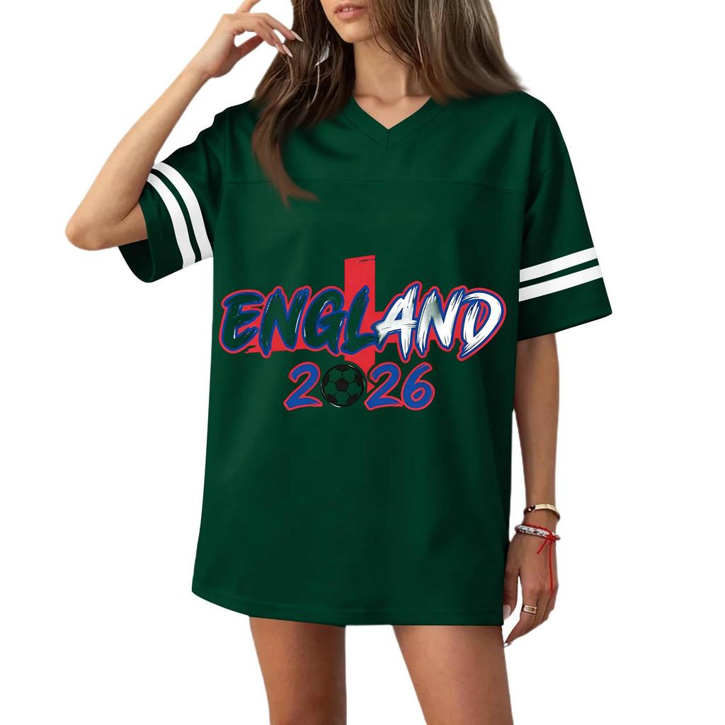 Women V Neck Short Sleeve Casual Loose Fit Sports T Shirt with 2026 Football Flag Print for Outdoor Activities
