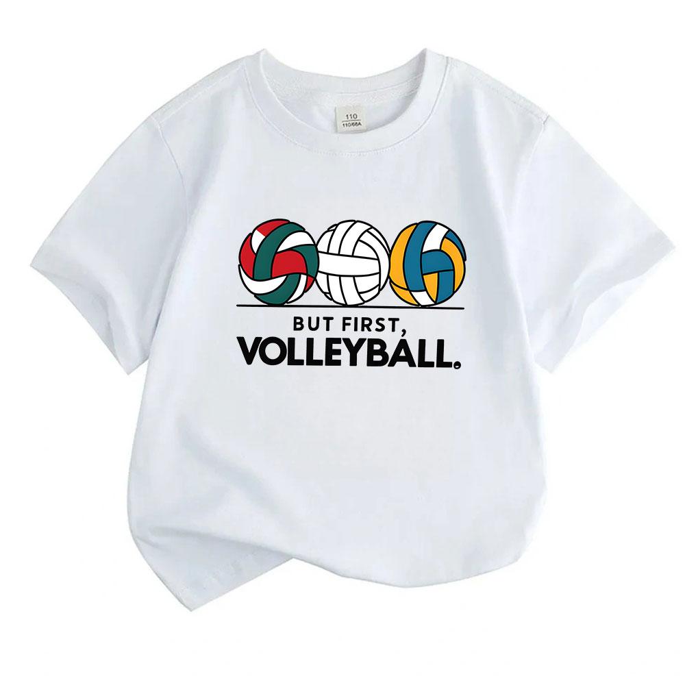 Kids Boys Girls 100% Cotton Crew Neck Short Sleeve T-Shirt, Cute Volleyball Pattern But First Volleyball Graphic Casual Comfy Tee for Children Daily S
