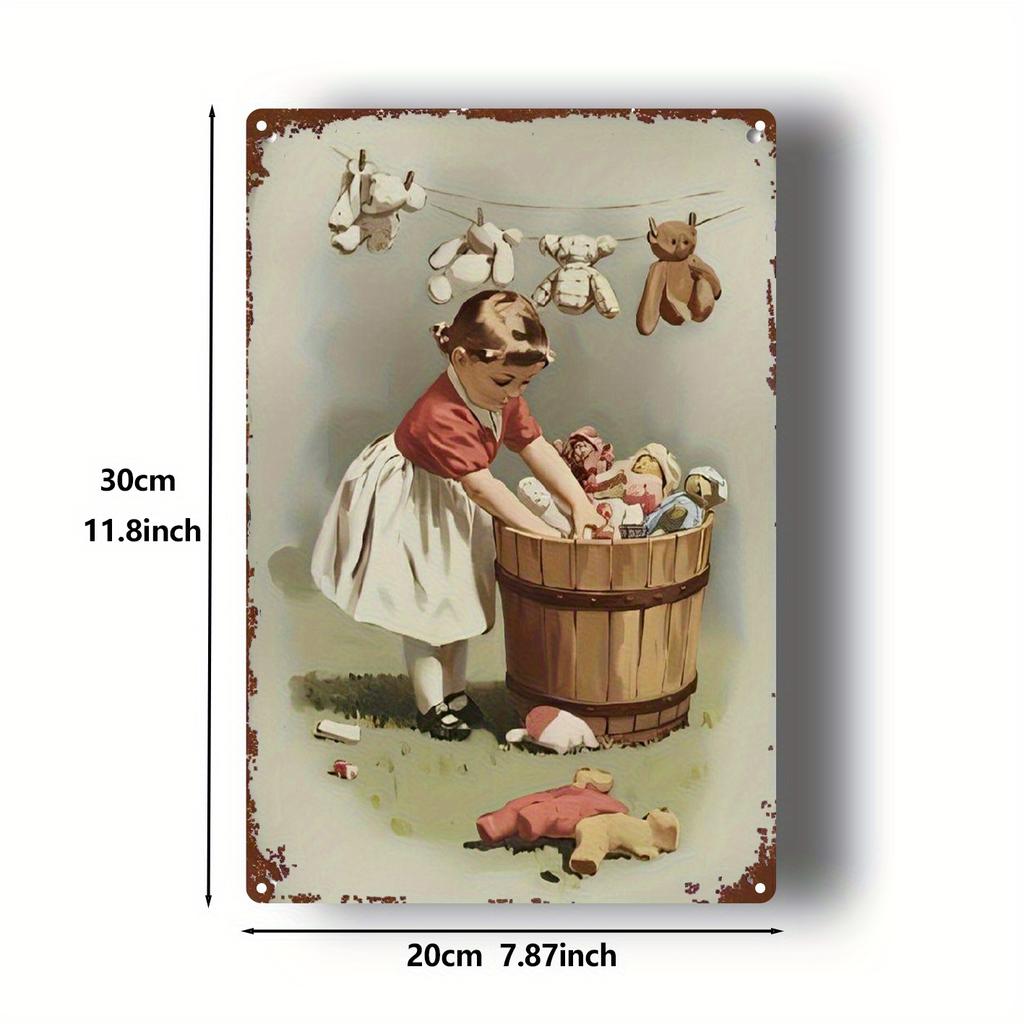 Vintage Iron Laundry Sign Little Girl with Toy Bucket Classic Wall Art Xcm Retro Decor for Bathroom Farm Porch