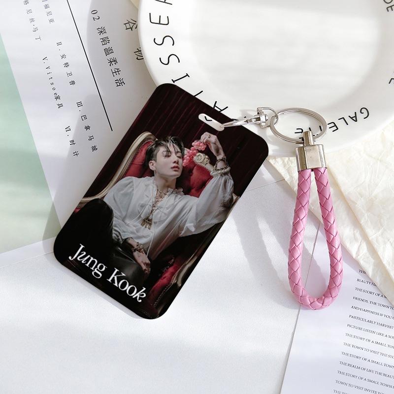 BTS Sliding Photocard Holder, Protective ID Badge Card Case with Braided Keychain Strap, Student Campus Bus Meal Card Protector Merch for ARMY