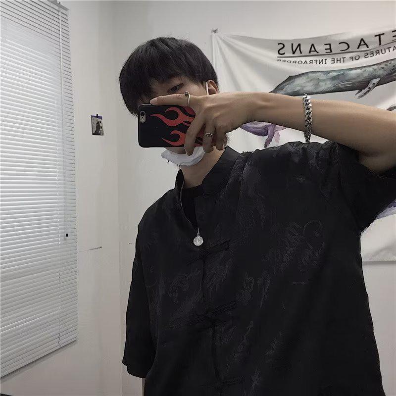 

Мужской ретро-костюм в китайском стиле Тан, рубашка с короткими рукавами и узором «дракон» — повседневная универсальная куртка для пары National Trend Medium чёрный