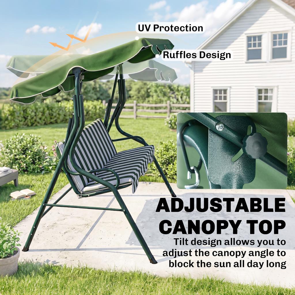 3 Seater Garden Swing Seat Chair Outdoor Bench with Adjustable Canopy and Metal Frame, Green Stripes