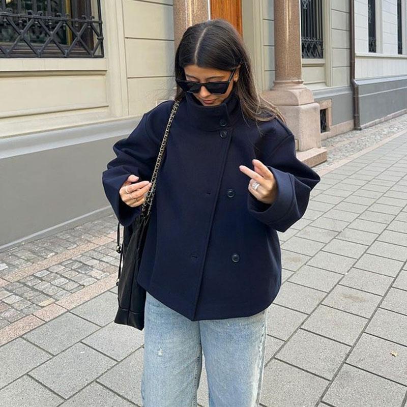 Kabát s límcem stojáčkem, jednoradové zapínání, z umělé vlny, dámská bunda s dlouhým rukávem, teplá, krátká, volného střihu, pro každodenní nošení, podzim 2025