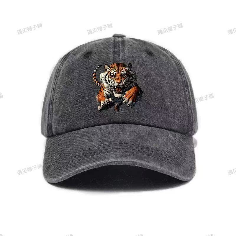 Fierce Tiger Face Graphic Baseball Cap Unisex Distressed Cotton Outdoor Casual Adjustable Hat