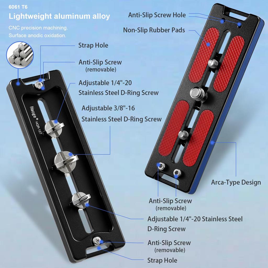 Haoge Tripod Arca Plate 127mm Universal Arca Swiss Quick Release Plate for Tripod Ball Stainless Steel and Strap Holes HQR-127 Head, Hand-Adjustable