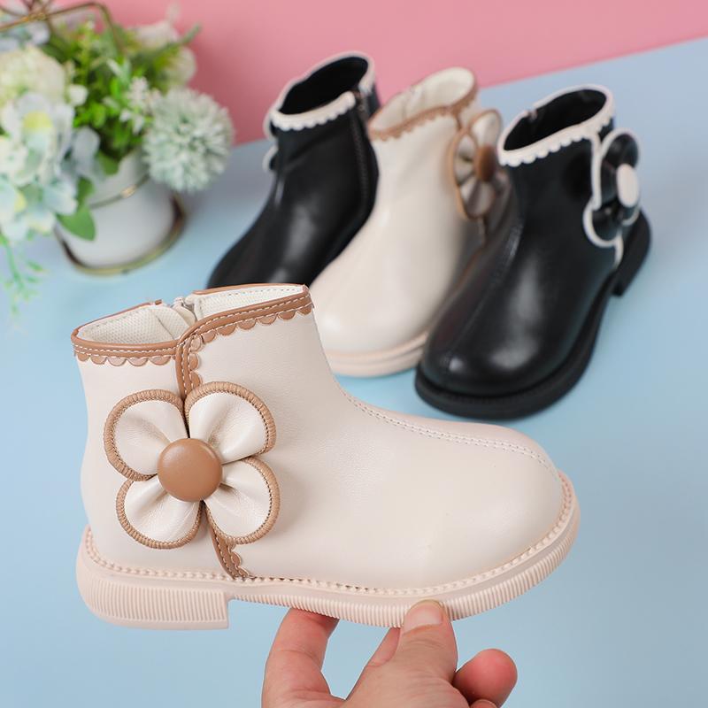 Krótkie botki dla dziewczynek, z bocznym zamkiem błyskawicznym, z kwiatami, modne dziecięce skórzane botki, eleganckie koronkowe botki do kostki dla dziecięcych dziewczynek, jesień zima 2024 nowe