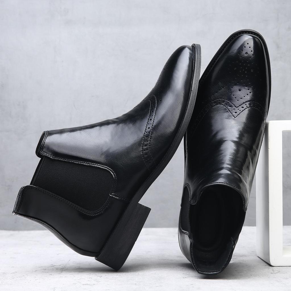 British Brock Carved Leather Chelsea Boots Men's Trend Business Dress High Top Leather Boots Men's Martin Boots