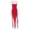 Women European Style Backless Mesh Splicing Ruffled Irregular High Waist Strap Long Dress